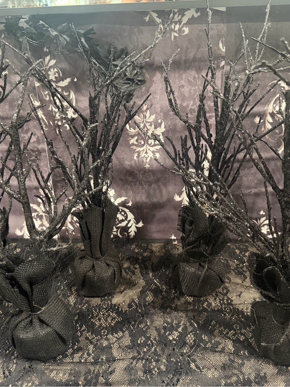Set of 6 Black Glitter Branch Trees Weighted Halloween Decor 13–15”